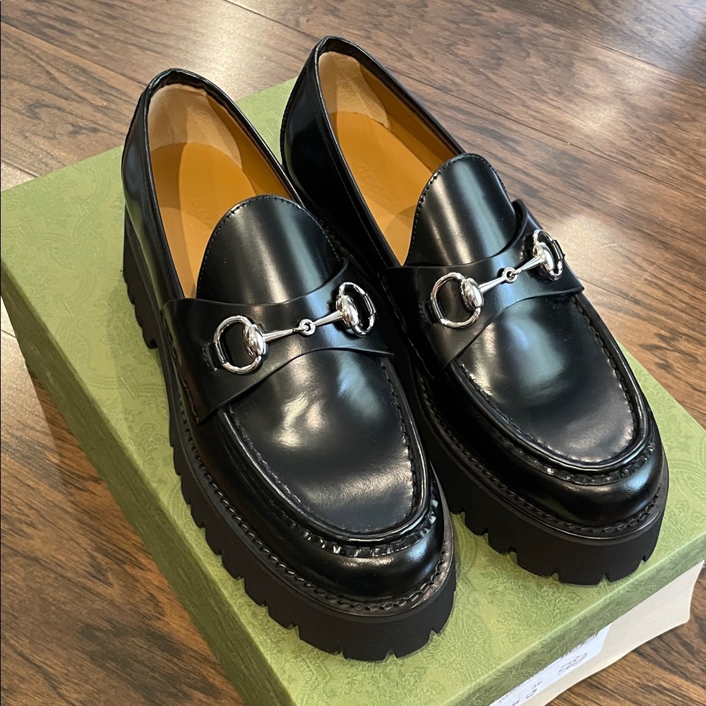 Gucci Black Leather Platform Chunky Loafers with Silver Horse Bit Sz. 39 BNIB